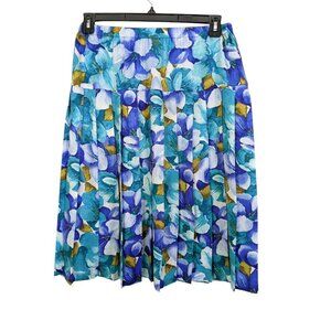 Vintage Pleated Skirt Size 14 Blue Floral Short Cottagecore Drop Waist Pull On